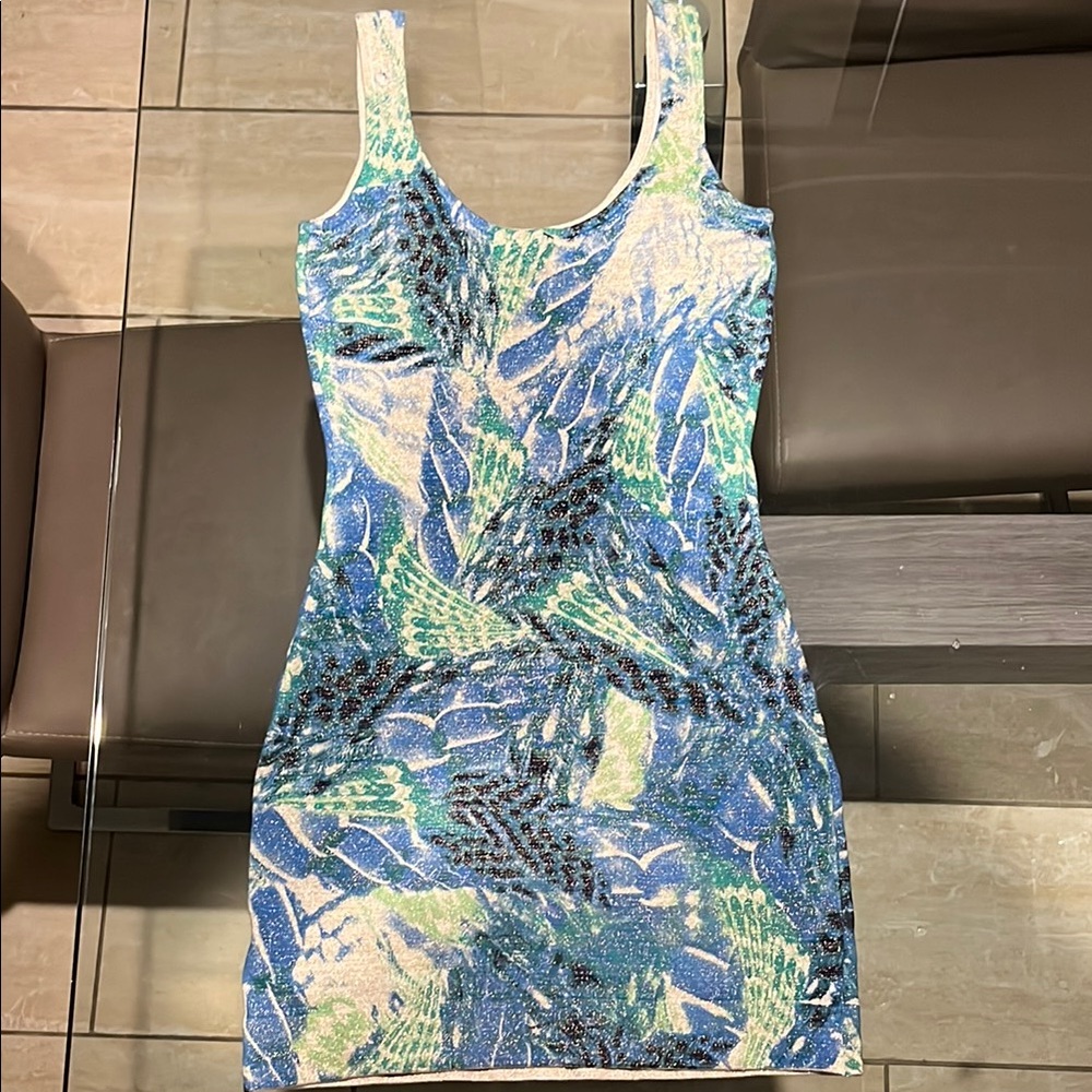 MARCIANO DRESS COCKTAIL MINI size Large Abstract Blue and Green Patterned Fabric
